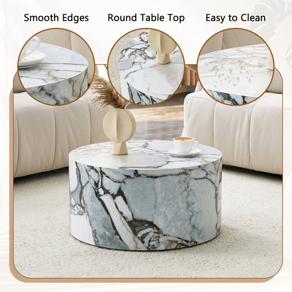 English Elm Cave Stone Patterned Mdf Round Coffee Table for Minimalist Industrial Living Rooms White W1151P460955
