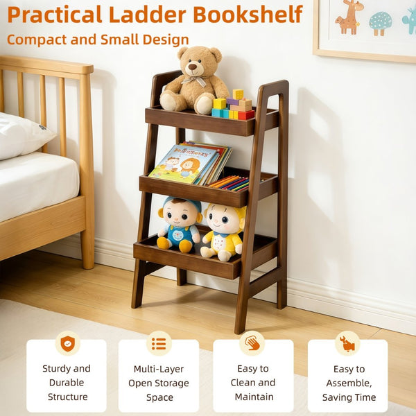 English Elm 100% Solid Wood Three Tier Ladder Shelf Freestanding Bookcase for Bedroom or Office W3204P445671