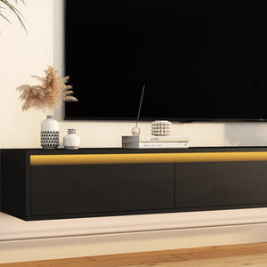 English Elm Floating Wall TV Stand with LED Touch Light, High-Gloss Black Cabinet, 3 Plugs 2 USB Ports, Cord Management W1321P176417