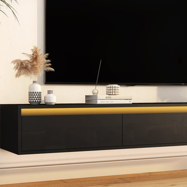 English Elm Floating Wall TV Stand with LED Touch Light, High-Gloss Black Cabinet, 3 Plugs 2 USB Ports, Cord Management W1321P176417