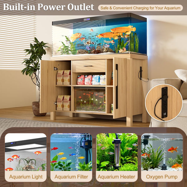 English Elm 55-75 Heavy Duty Aquarium Stand with Power Outlets, 880lb Capacity, 2 Cabinets + Drawer, Natural Finish N704P350198N