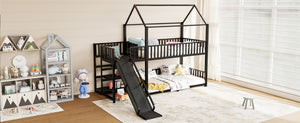 English Elm Full Metal House Bunk Bed with Slide Storage Stairs and Safety Rails for Kids W1580S00344