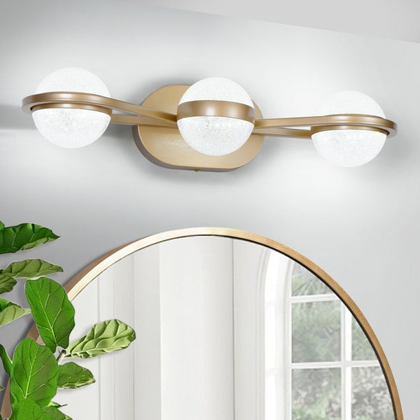 English Elm Bathroom Vanity Light, Elegant 3-Bulb Led Fixture With Crystal Sand Shades In Champagne Gold Finish W2312P374866