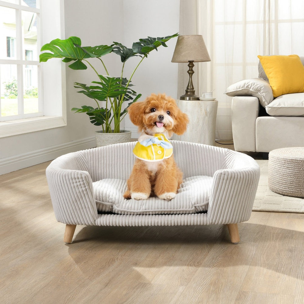 English Elm Elevated Pet Sofa with Corduroy Upholstery Rubberwood Legs and Supportive Foam for Small Dogs Beige N779P395017A