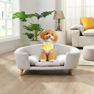 English Elm Elevated Pet Sofa with Corduroy Upholstery Rubberwood Legs and Supportive Foam for Small Dogs Beige N779P395017A
