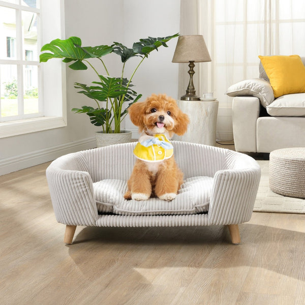 English Elm Elevated Pet Sofa with Corduroy Upholstery Rubberwood Legs and Supportive Foam for Small Dogs Beige N779P395017A