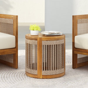 English Elm 16.9" Acacia Hardwood Outdoor Side Table with Handwoven Rope Base Boho Patio Accent N767P372781A