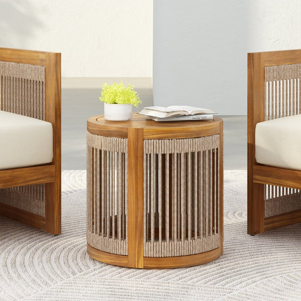 English Elm 16.9" Acacia Hardwood Outdoor Side Table with Handwoven Rope Base Boho Patio Accent N767P372781A