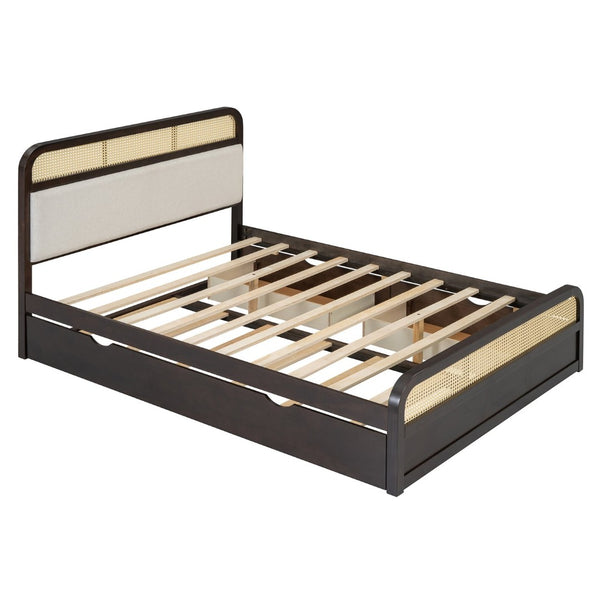 English Elm Queen Wooden Platform Bed With Trundle, 2 Storage Drawers & Padded Headboard In Espresso Finish N820S00010P-GIGA