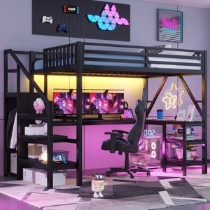 English Elm Metal Full Loft Bed with L Shaped Desk Wardrobe Rgb Lighting and Usb Charging Black W2593S00053