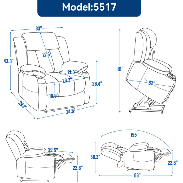 English Elm Up to 350 Lb Chenille Power Lift Recliner with Massage Heat and Charging Ports W1803S00072