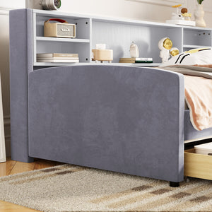 English Elm Twin Velvet Upholstered Platform Bed with Plush Headboard, Underbed Drawers & Hidden Cabinet Storage Gray SF000183AAE