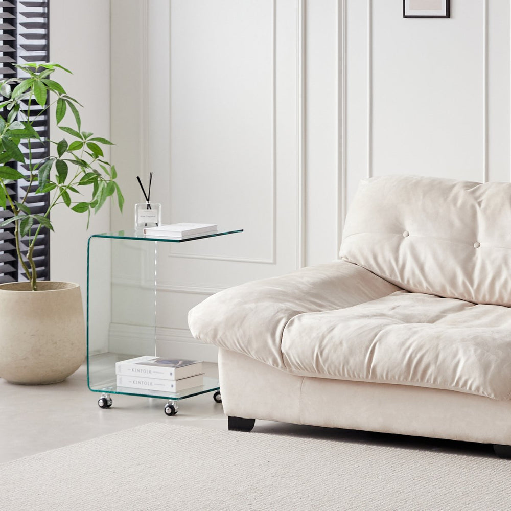 English Elm C-shaped Tempered Clear Glass Side Table for Living Room, Waterproof Transparent End Table, Sturdy Display Surface W1718P242510
