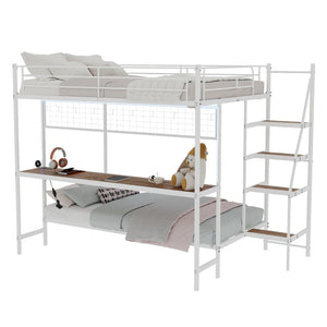 English Elm Full Over Twin Metal Bunk Bed with Desk Led Strip Shelves for Teen Dorm Rooms Ancient White W1935S00010