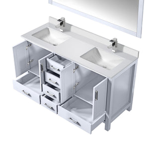 English Elm White Double Bath Vanity 60 in with Cultured Marble Top, Chrome Faucet, 58 in Mirror, Scratch-Resistant Finish B2731S01018