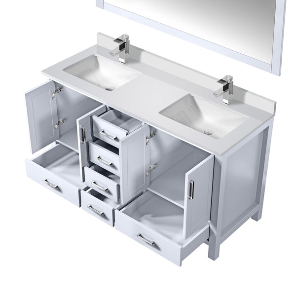 English Elm White Double Bath Vanity 60 in with Cultured Marble Top, Chrome Faucet, 58 in Mirror, Scratch-Resistant Finish B2731S01018