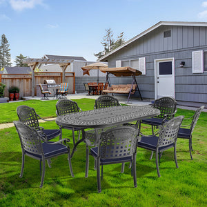 English Elm 9-Piece Cast Aluminum Patio Set With Blue Cushions - Durable Outdoor Dining For 8, Umbrella Ready! W1710S00198