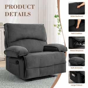 English Elm Oversized Velvet Push-Back Recliner Chair Sofa with Massage Pillow, Super Soft Fleece Comfort and Easy Assembly Grey W1403S00003