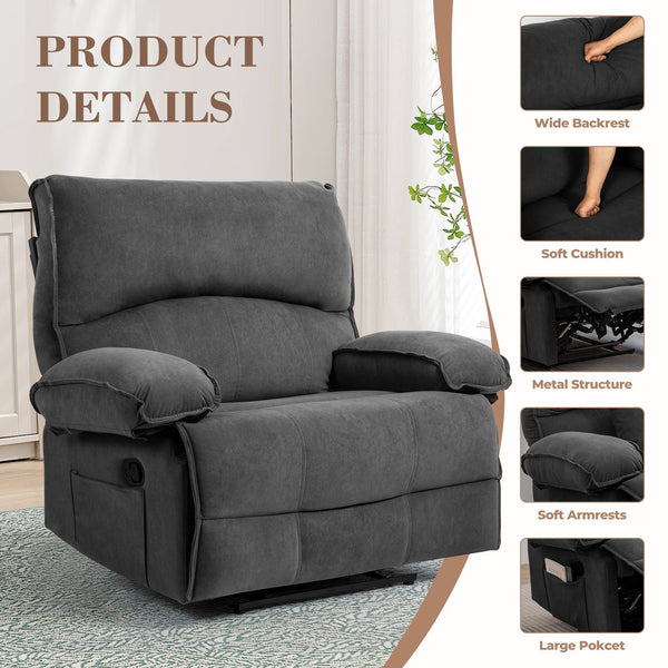 English Elm Oversized Velvet Push-Back Recliner Chair Sofa with Massage Pillow, Super Soft Fleece Comfort and Easy Assembly Grey W1403S00003