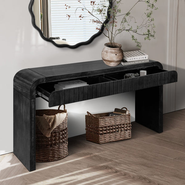 English Elm 59'' Vintage Crafted Entryway Table with Hidden Handle Drawers, Three-Dimensional Stripes, Easy Assembly, Stylish Storage for Hallway and Living Room Antique Black W1445P214056