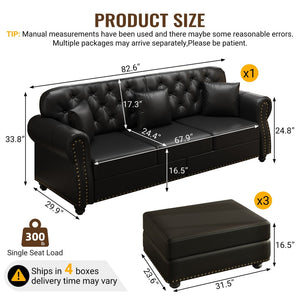 English Elm 82.6"upholstered Faux Leather Chesterfield Sofa Button Tufted Nailhead Mid-century Living Room Black W1885S00430