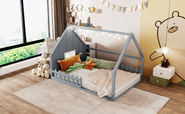 English Elm Full House Bed Frame with Window & Fence Playhouse Design, Sturdy Pine/MDF, Safe 400lb Capacity Gray N709P215545E
