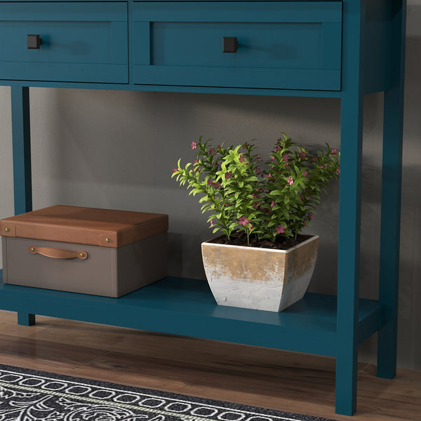English Elm Farmhouse Pagoda Blue Console Table with 2 Drawers, Bottom Shelf, Anti-Tip Hooks & Rustic Charm W2557P271250