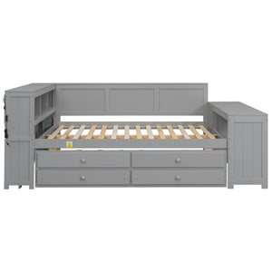 English Elm Full Size Pine Wood Platform Daybed with Led Headboard Desk Storage and Charging Gray N7090000475E-1