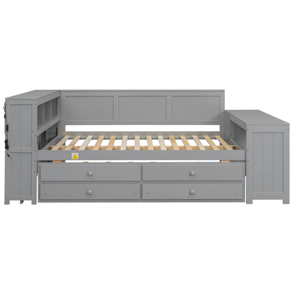 English Elm Full Size Pine Wood Platform Daybed with Led Headboard Desk Storage and Charging Gray N7090000475E-1