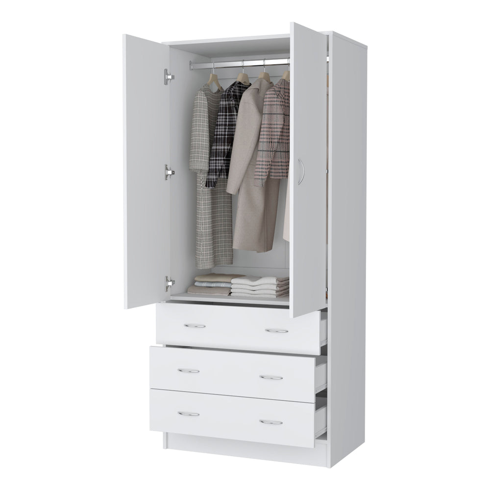 English Elm FM FURNITURE Prescott Armoire White - Elegant 2-Door Wardrobe with Hanging Rod, 3 Drawers, Durable Design B128S00061