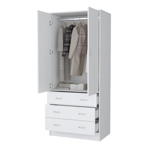 English Elm FM FURNITURE Prescott Armoire White - Elegant 2-Door Wardrobe with Hanging Rod, 3 Drawers, Durable Design B128S00061