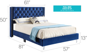 English Elm Transitional Velvet Upholstered Full Bed with Padded Headboard for Durability and Cozy Lounging Navy Blue 8 L x 59 W x 28 H B078118305