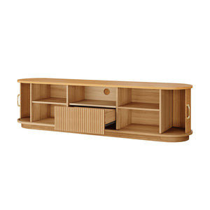 English Elm Vintage Farmhouse Media Console with Slatted Sliding Doors and Brass Hardware for Living Room Natural N721P427206D