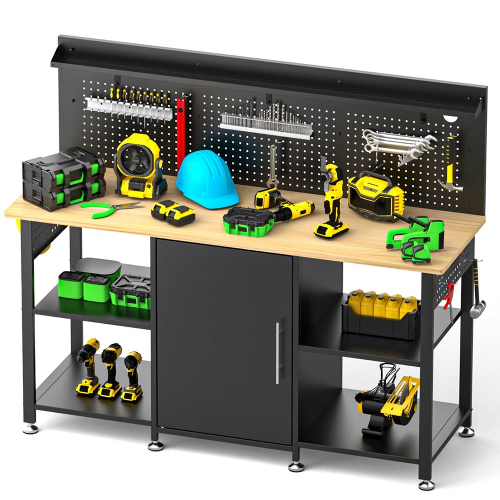 English Elm 60 Inch Garage Workbench Solid Wood Top Steel Frame with Cabinet Pegboard and Power Outlet W3190P410167