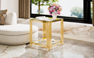 English Elm Modern Round Mirrored Glass End Table with Gold Metal Frame and Lower Display Shelf Transparent N735P380093K