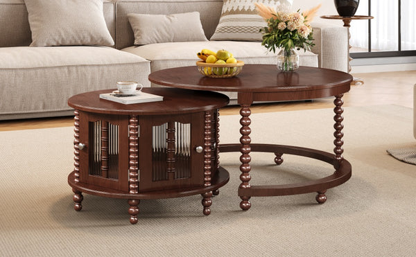 English Elm Vintage Walnut Nesting Coffee Table with Bamboo-Style Glass Doors, Retro Beaded Legs, Space-Saving Design N735P305623D