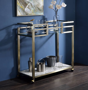 English Elm Neilo Brushed Brass 2-Tier Serving Cart with Faux Marble Top & Clear Tempered Glass Shelves, 32" B2726P408081