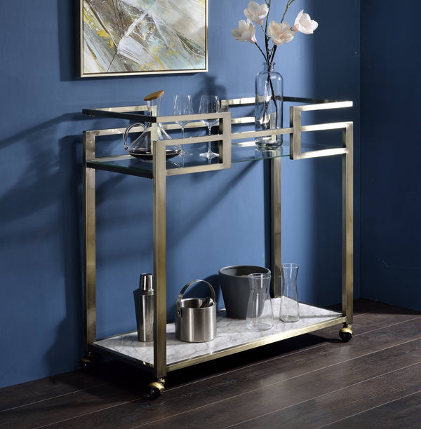 English Elm Neilo Brushed Brass 2-Tier Serving Cart with Faux Marble Top & Clear Tempered Glass Shelves, 32" B2726P408081