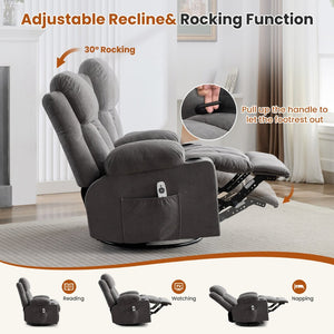 English Elm Swivel Rocker Recliner with Massage Heat and Usb Port for Living Room Comfort W1521P429639