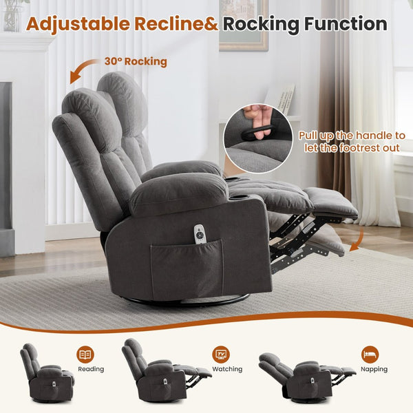 English Elm Swivel Rocker Recliner with Massage Heat and Usb Port for Living Room Comfort W1521P429639