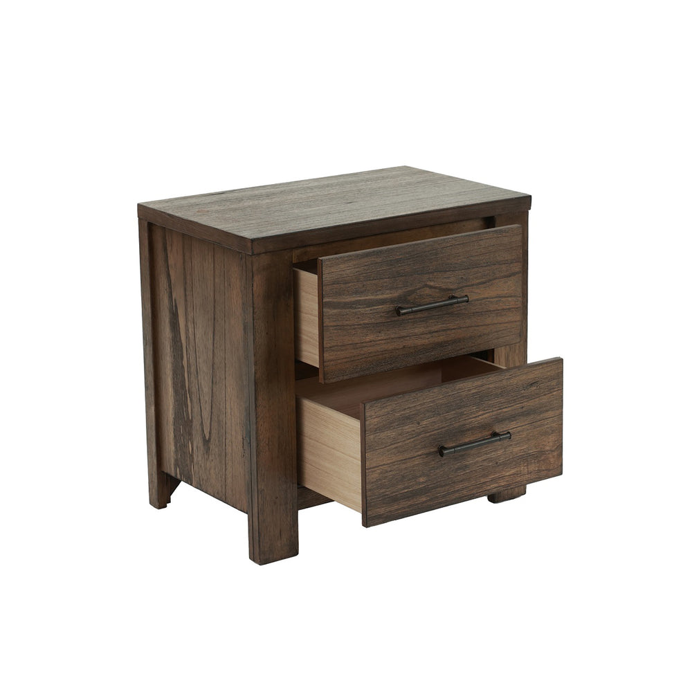 English Elm Wood Nightstand with 2 Drawers Brown Wood Finish, Contemporary Bedside Table, Durable Storage Piece SR014881
