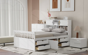 English Elm Full Size Captain Platform Bed Frame With Bookcase Headboard, Storage Drawers & White Finish N7090000473K