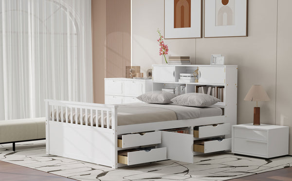 English Elm Full Size Captain Platform Bed Frame With Bookcase Headboard, Storage Drawers & White Finish N7090000473K