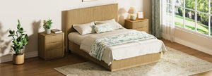 English Elm Queen Bed Frame with Led Lighting Curved Groove Panels and Floating Base Modern Bedroom Oak W1820S00050