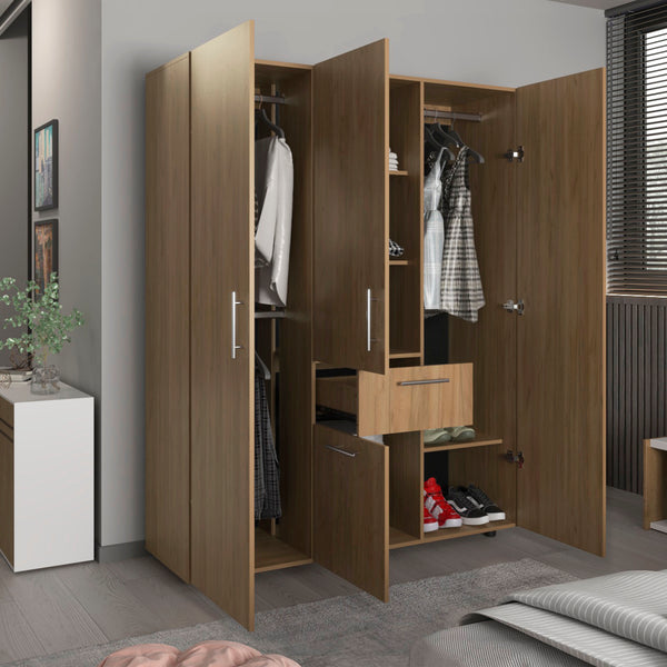 English Elm Bariloche 70" High Four-Door Armoire with Drawer, 3 Hanging Rods & 7 Shelves — Natural Oak Wardrobe B200S00421