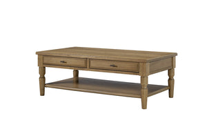 English Elm Drawer Cocktail Table Hickory Veneer Wood with Turned Legs Open Shelf Living Room Almond B2699P443215