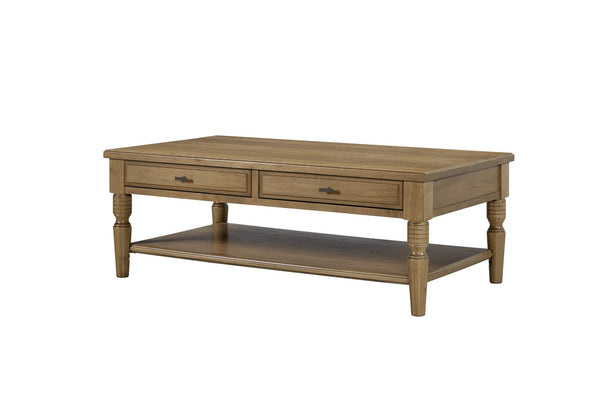 English Elm Drawer Cocktail Table Hickory Veneer Wood with Turned Legs Open Shelf Living Room Almond B2699P443215
