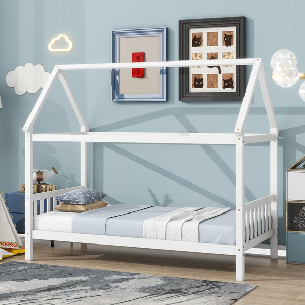 English Elm Twin House Bed with Headboard and Footboard — Space-Saving Rubberwood Frame, Playful Architectural Design White W504P225951
