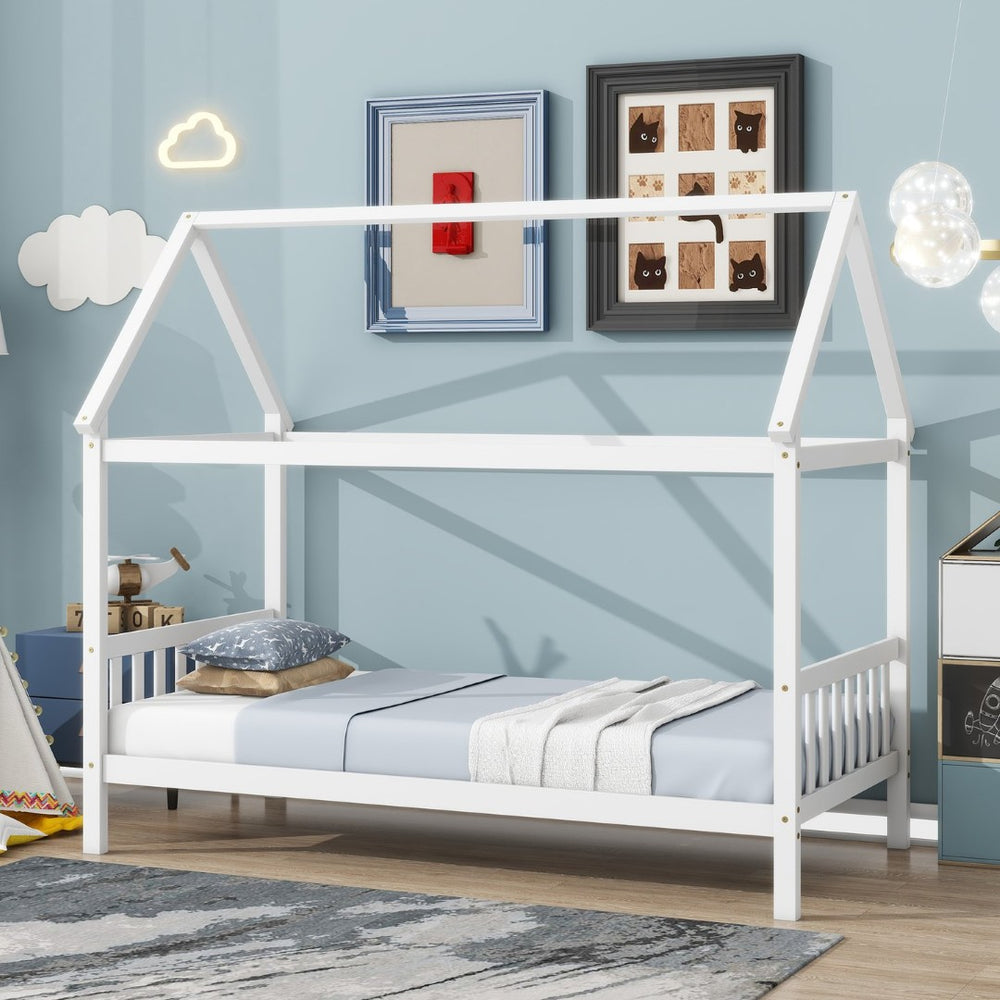 English Elm Twin House Shaped Kids Bed Solid Rubberwood Platform Frame with Storybook Silhouette W504P363904