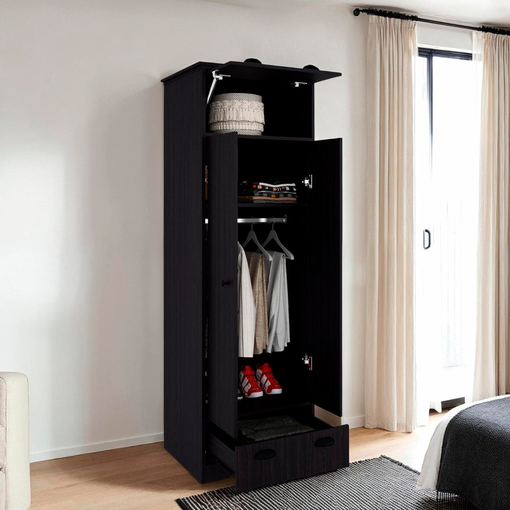 English Elm Bethel Slim Profile Wardrobe Armoire with Hanging Rods Open Shelves and Drawer B128S00224